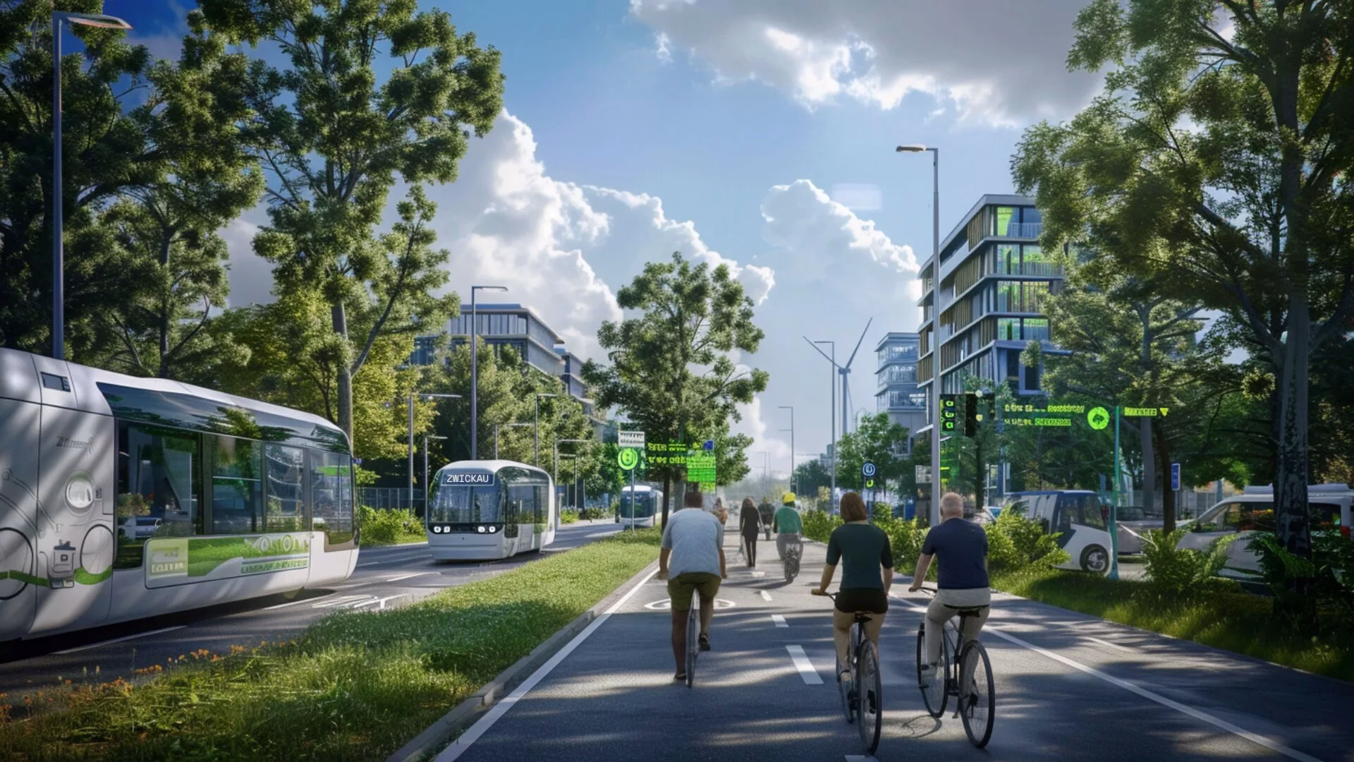 Futuristische Darstellung wie Zwickau nach dem Mobilitätskonzept für den Landkreis Zwickau von ITAS aussehen könnte