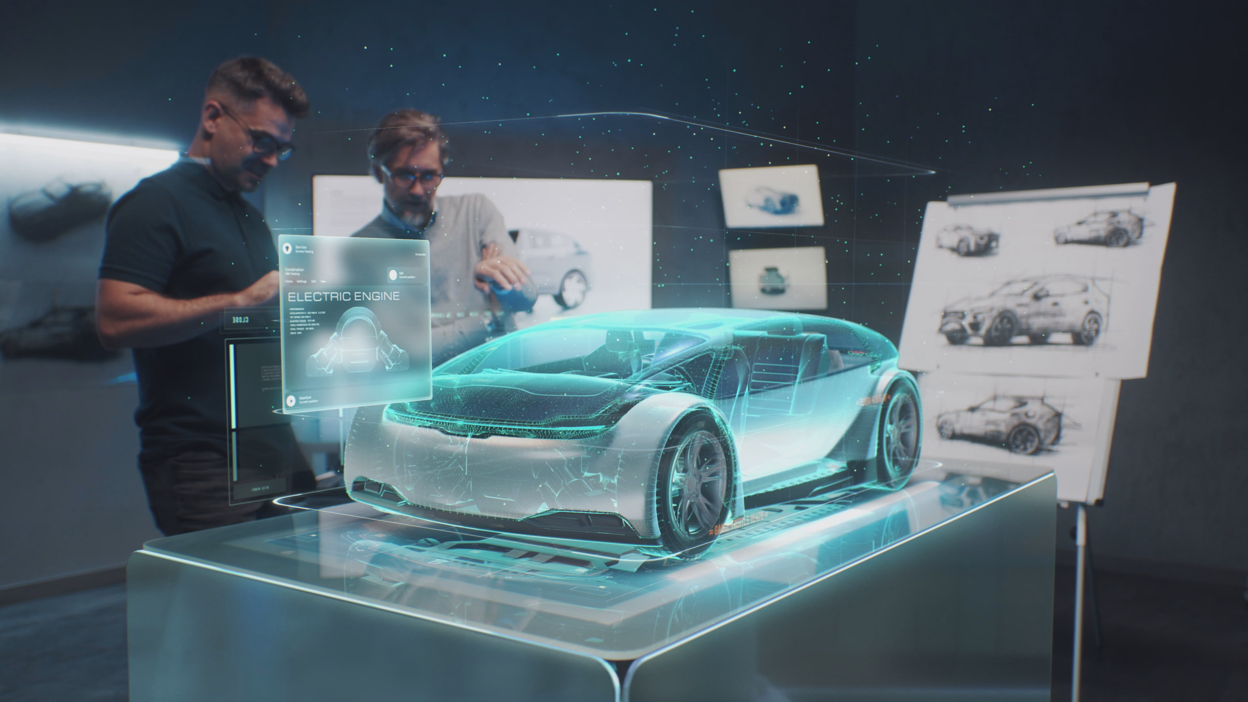 Zwei professionelle Automobilingenieure wählen mithilfe eines futuristischen Augmented-Reality-Hologramms die Karosserie eines neuen umweltfreundlichen Elektroautos aus